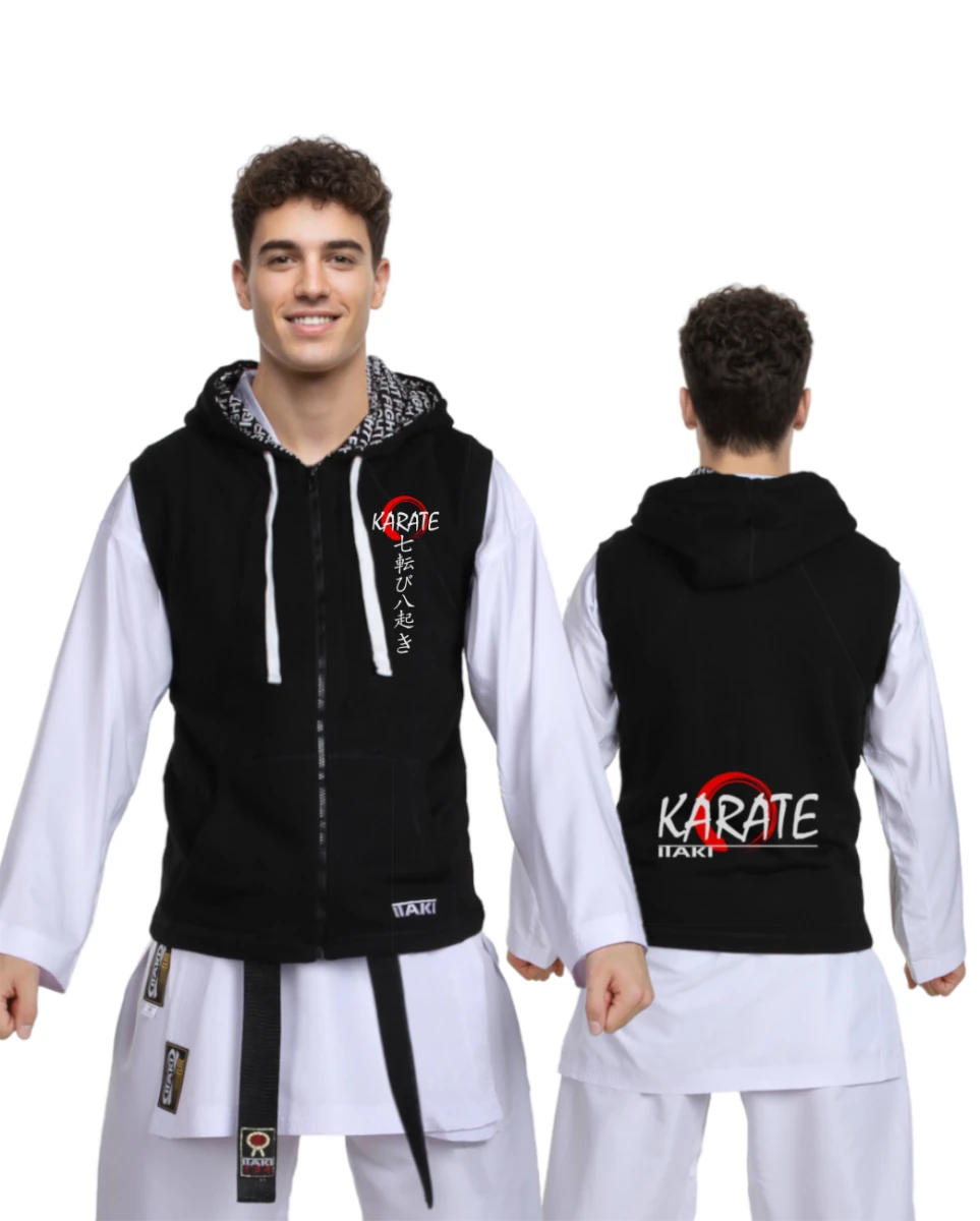 Itaki černá mikina bez rukávů s japonským potiskem Kanji, ideální jako přehoz karate