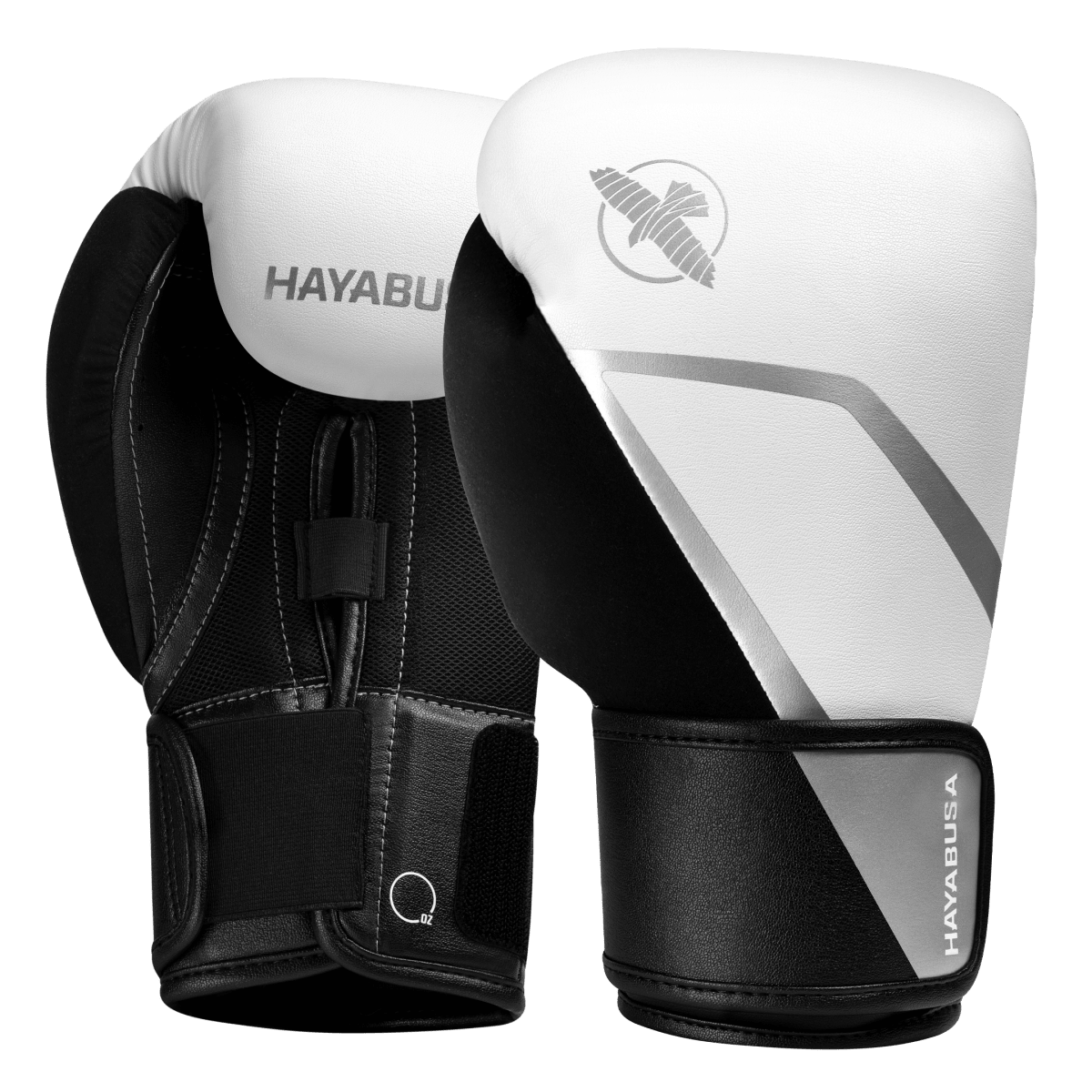 Par de luvas de boxe Hayabusa E1 brancas e prateadas, visão geral
