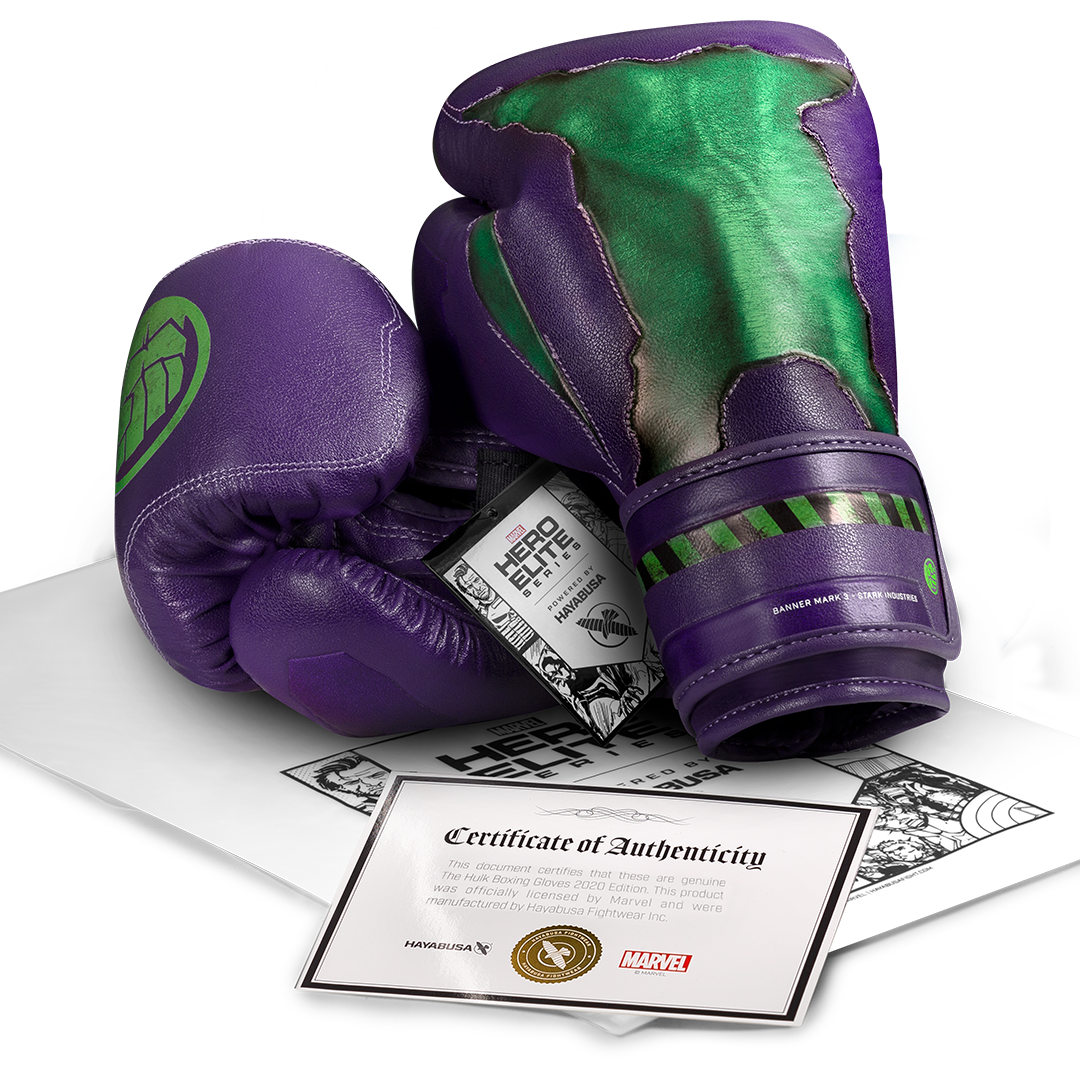 Certificato ufficiale di autenticità della collaborazione Hayabusa X Marvel per i guantoni Hulk