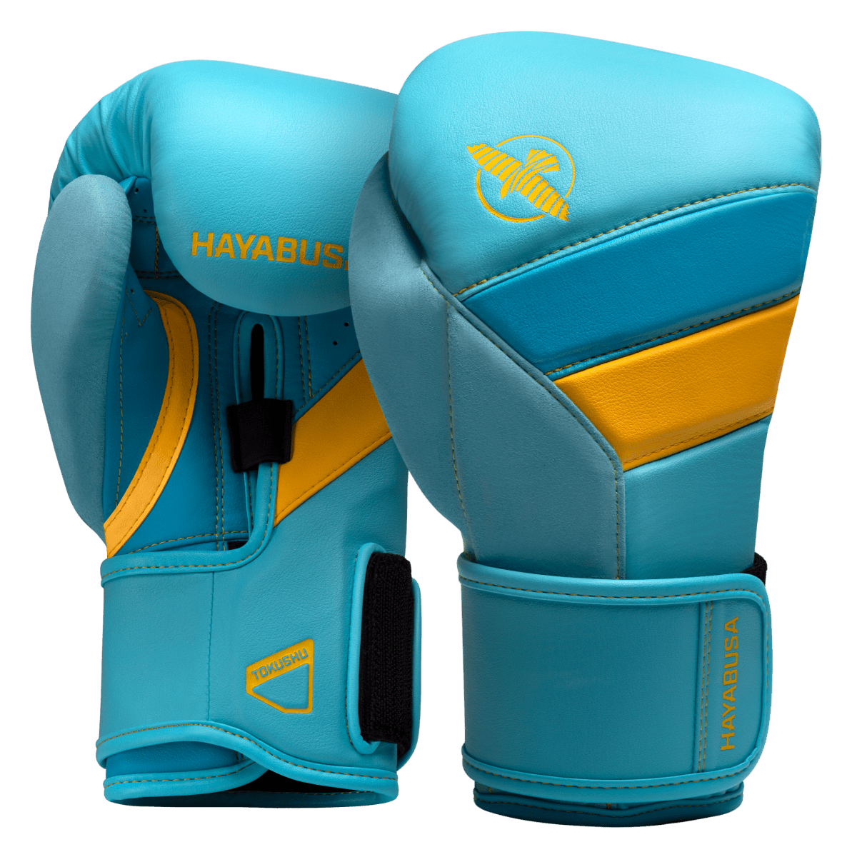 Hayabusa T3 lichtblauwe handschoenen met neon gele details.
