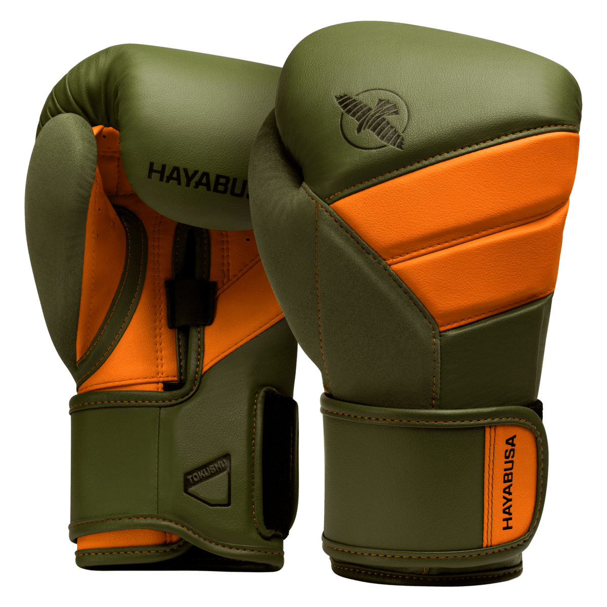 Donkergroene Hayabusa T3 handschoenen met oranje inzetstukken.