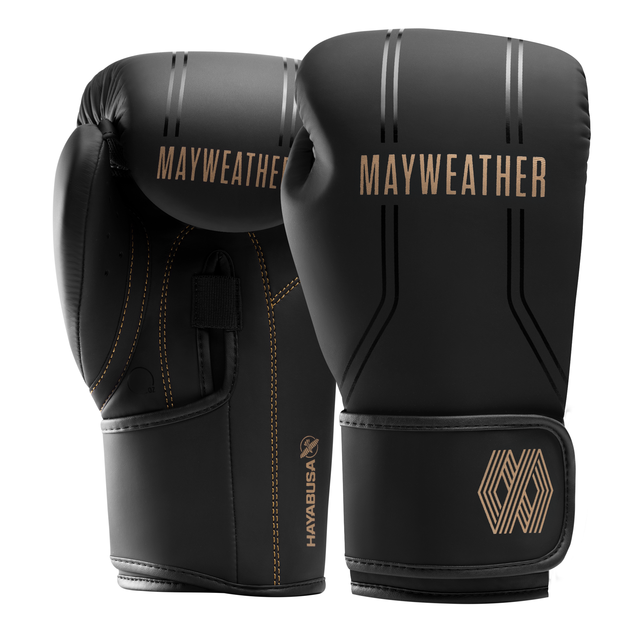 Coppia di guantoni da boxe Mayweather Hayabusa Contender neri e oro, vista d'insieme