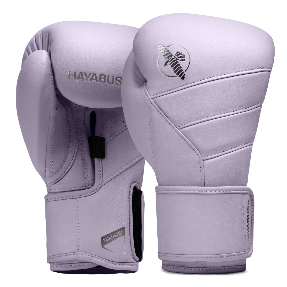 Paar paarse Hayabusa T3 Kanpeki-handschoenen voor boksen en muay thai