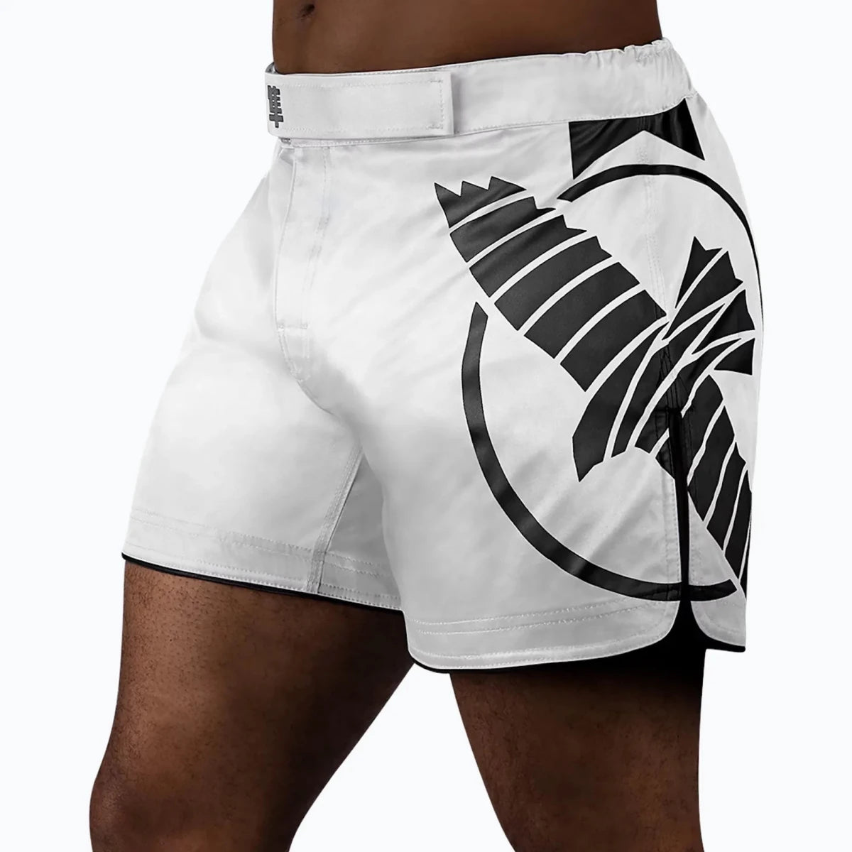 Hayabusa Icon Mid-Thigh MMA shorts white hybrid front design.