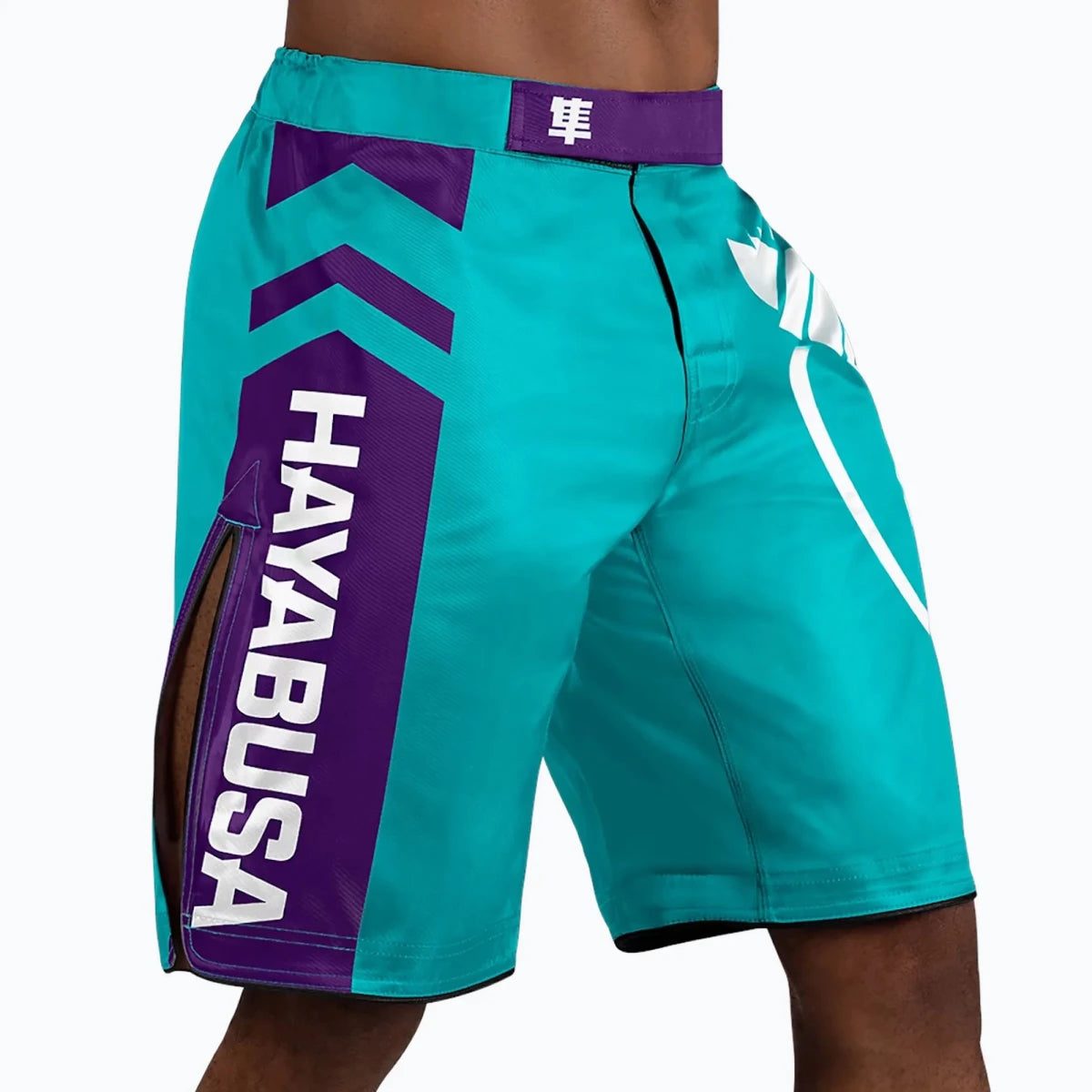 Haftowane logo Hayabusa na turkusowych spodenkach.