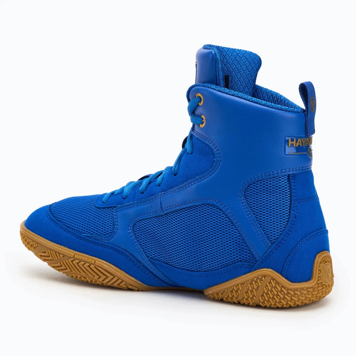 Vue latérale chaussures de boxe Hayabusa Pro bleues en mesh respirant.