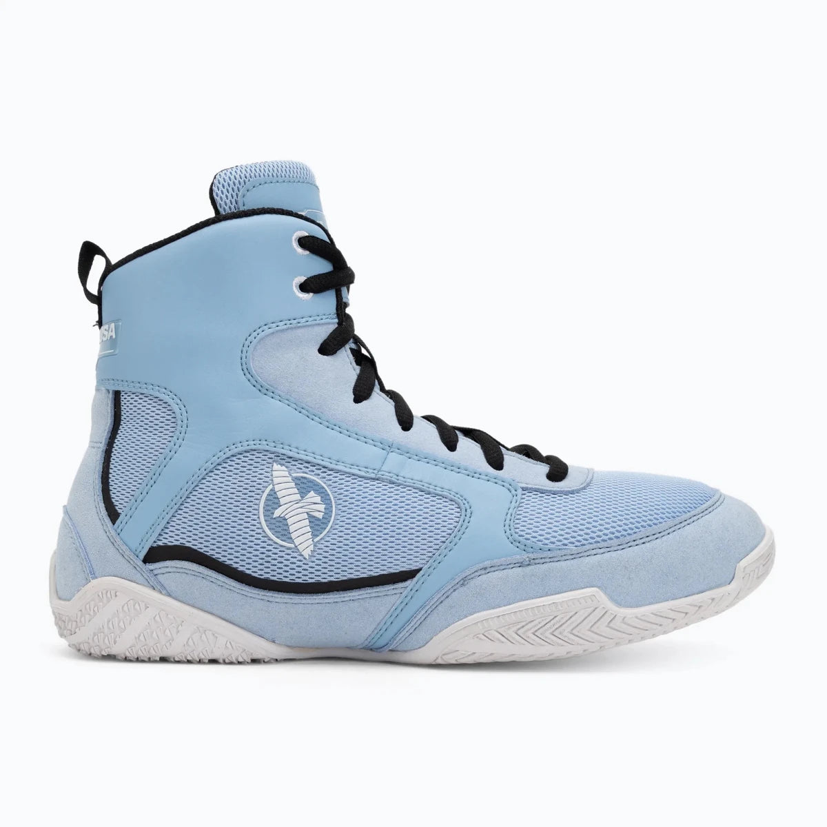 Détail de finition et logo des chaussures de boxe Hayabusa bleu clair.