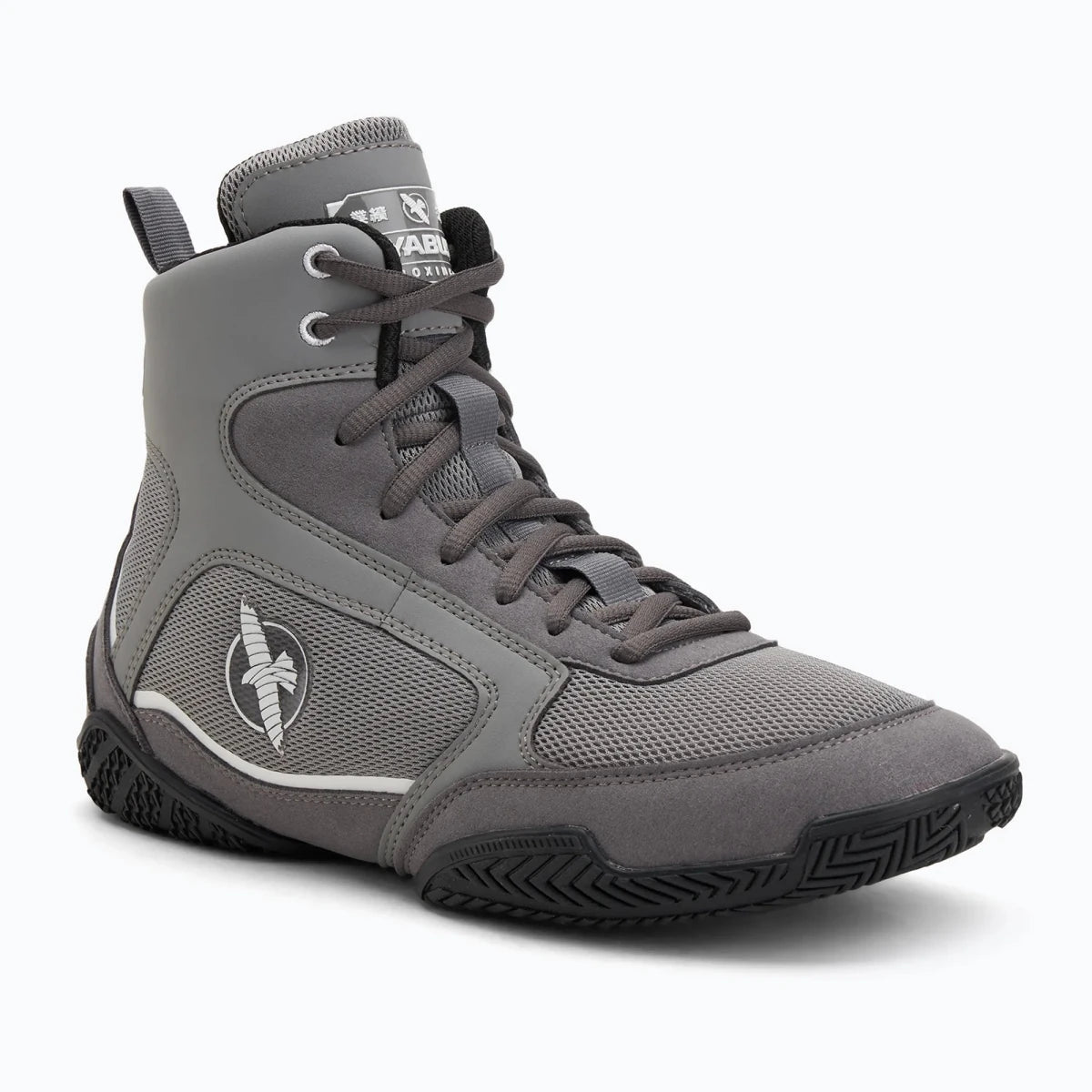 Vue arrière des chaussures de boxe Hayabusa grises, support de cheville stable.