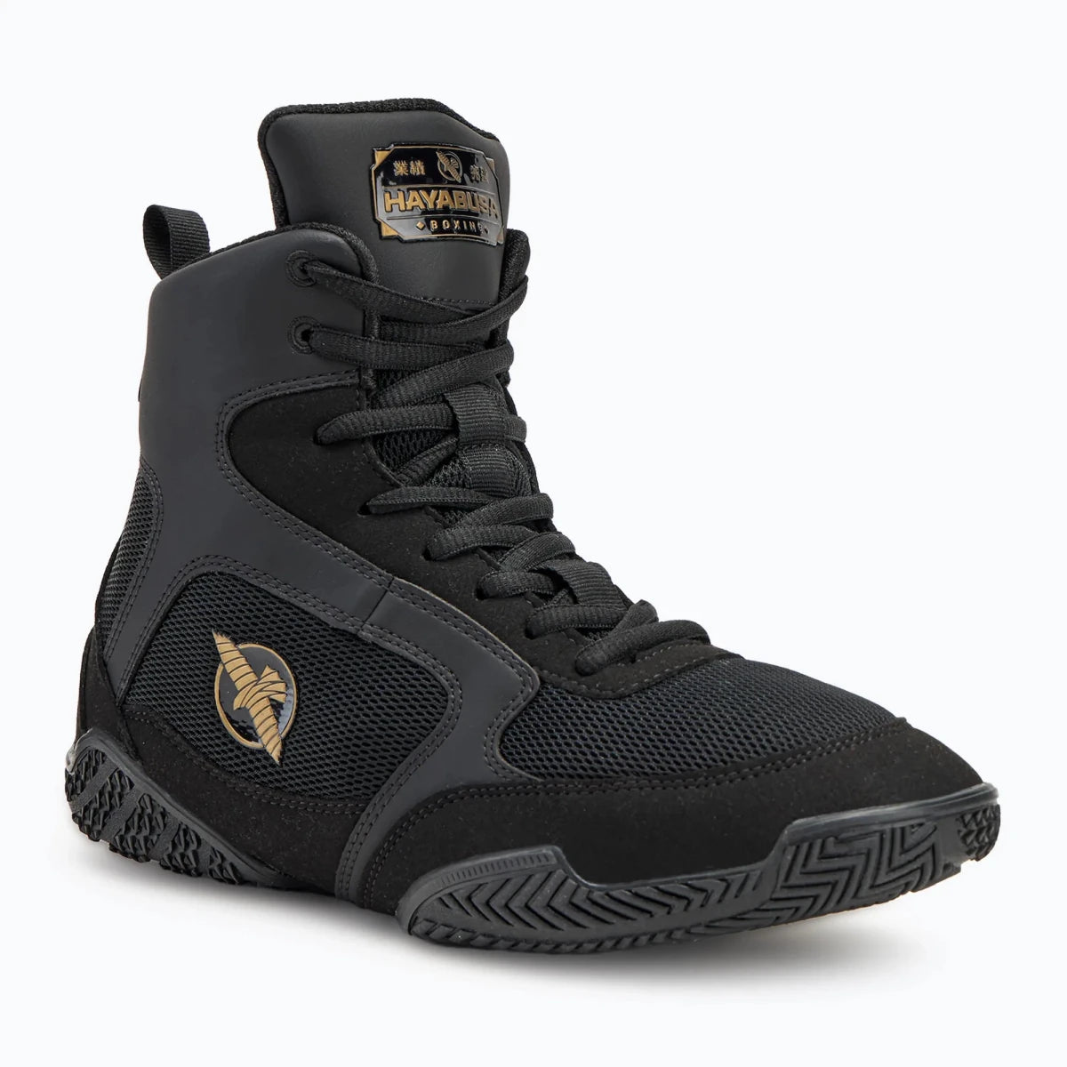 Hayabusa Pro chaussures de boxe noires anneau professionnel vue de face.