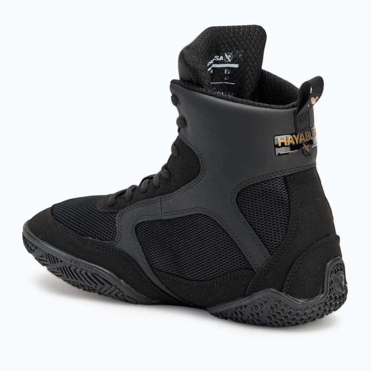 Conception technique Chaussures de boxe Hayabusa Pro profil noir et doré.