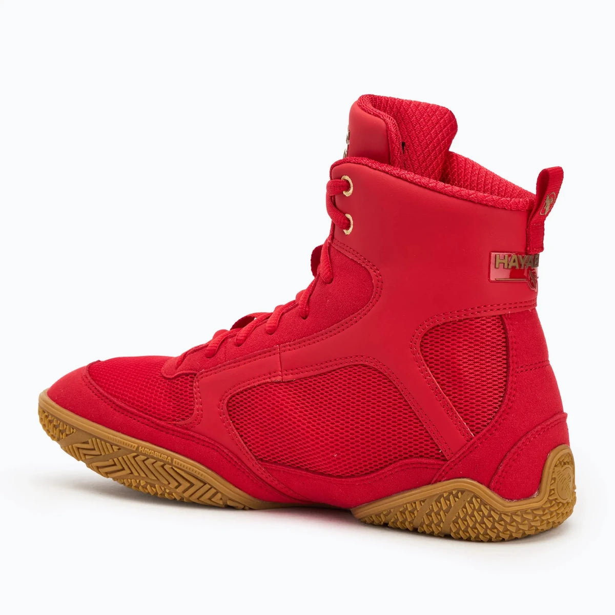 Détails des chaussures de boxe rouges Hayabusa Pro en matériaux respirants.
