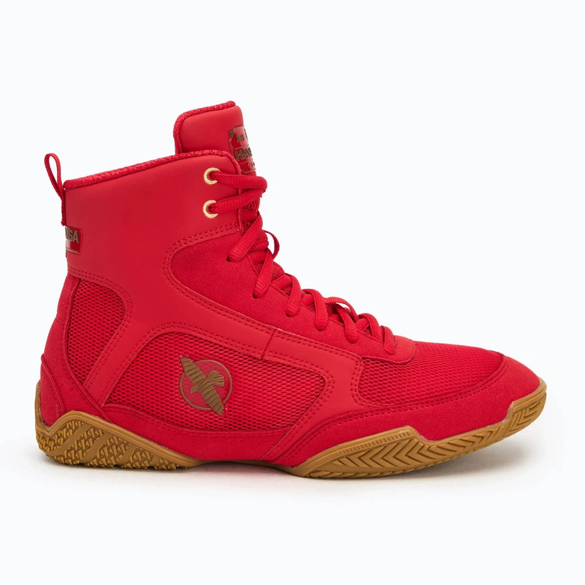 Chaussures de boxe rouges Hayabusa Pro pour le combat et le sparring, vue de face.