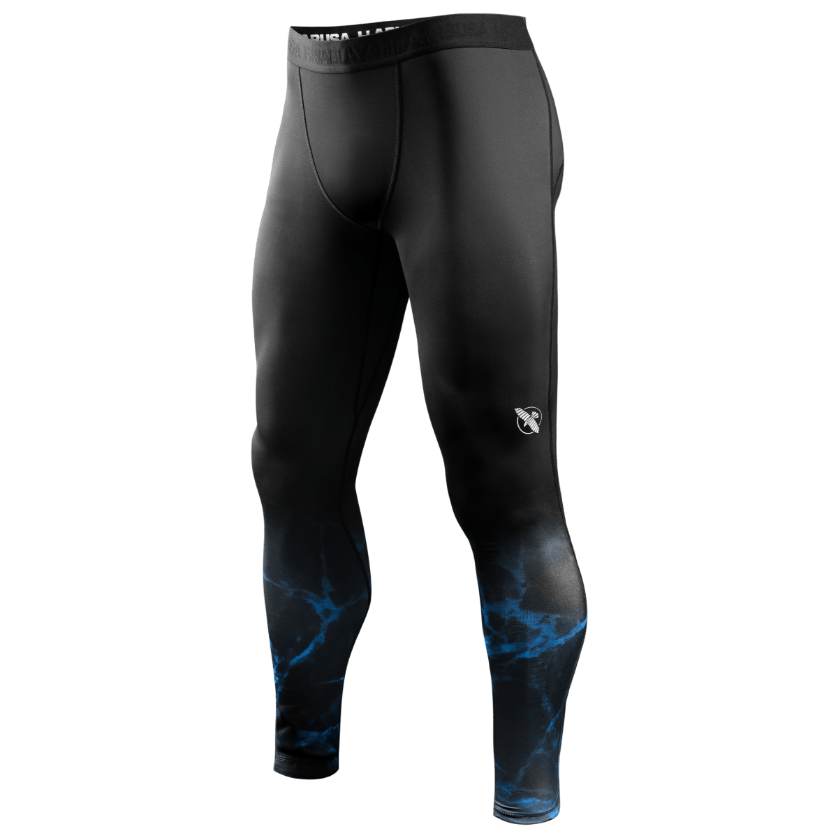 Vista frontal das leggings de compressão oficiais do UFC BJJ Spats em preto com detalhes e logotipos em azul