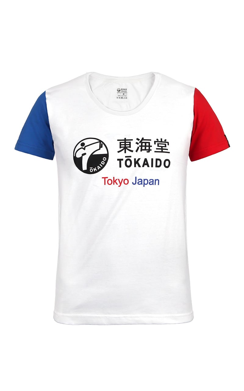 Maglietta karate Tokaido Aka.Colore bianco con maniche rosse  e blu