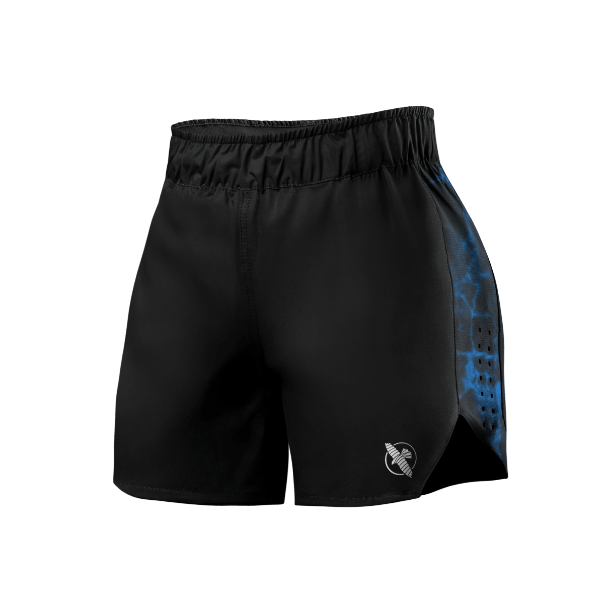 Vue de face du short UFC BJJ pour femme en noir avec détails bleus, tissu léger pour le grappling