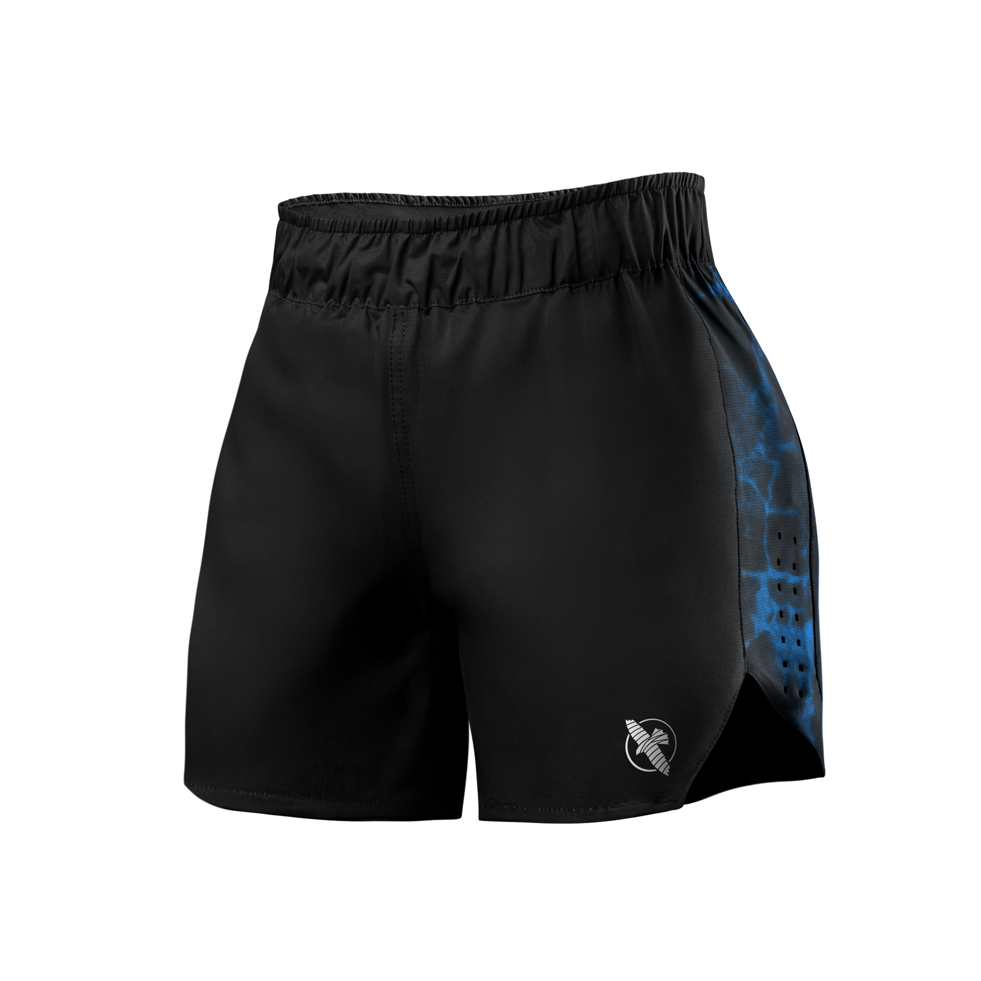 Vista frontale dei pantaloncini donna UFC BJJ neri con dettagli blu, tessuto leggero per grappling