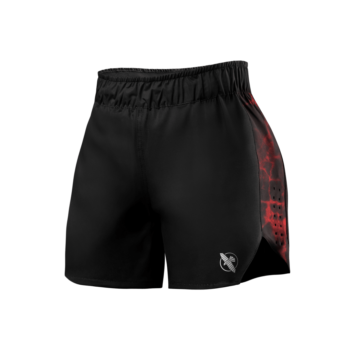 Front view of the women's UFC BJJ shorts in black with red accents, ideal for intense training