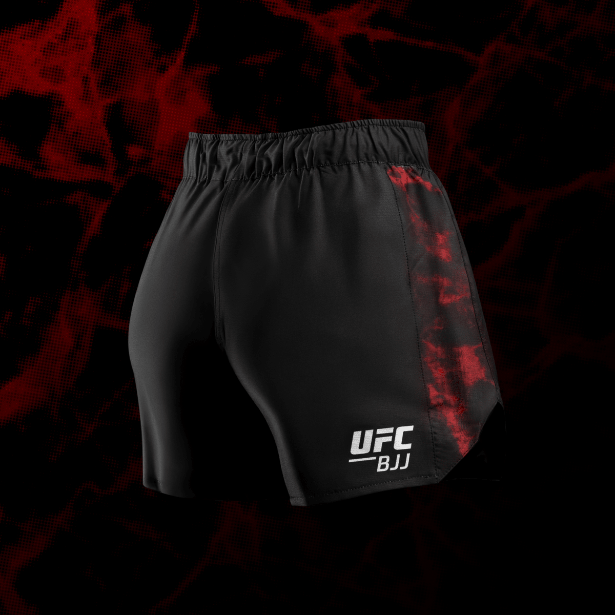 Vue arrière du short UFC BJJ femme noir/rouge, système de ventilation découpé au laser