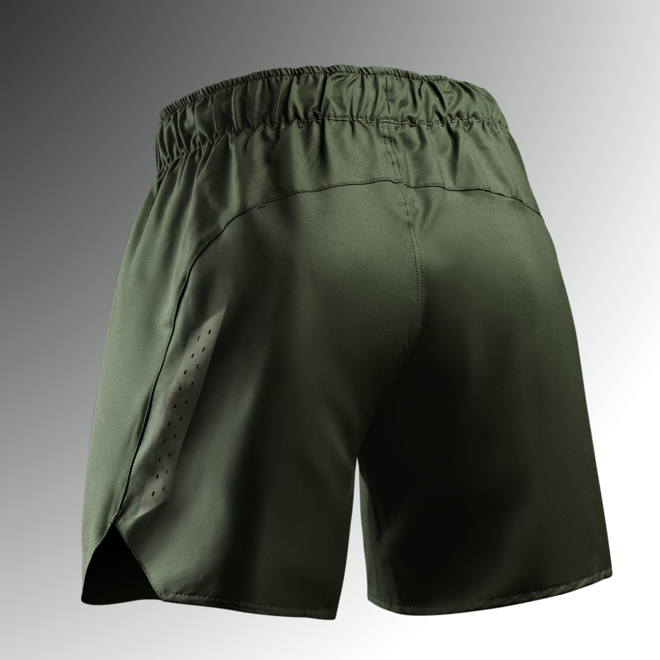 Vista posteriore dei pantaloncini Hayabusa Core verdi, costruiti per resistere agli allenamenti intensi