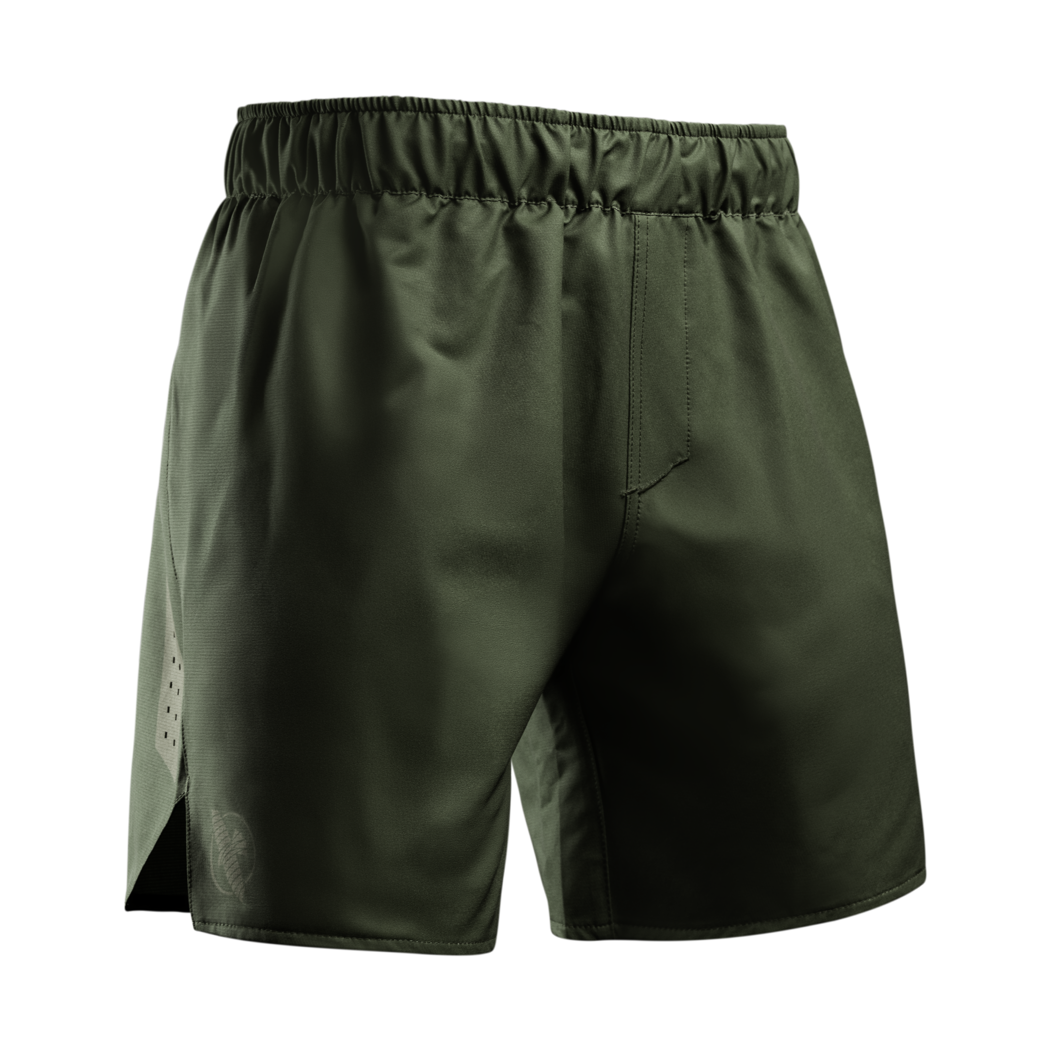 Vista frontale dei pantaloncini grappling Hayabusa Core verdi con finiture di alta qualità