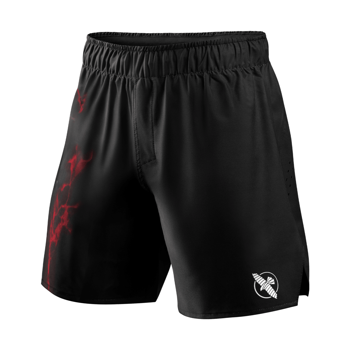 Front view of the official UFC BJJ grappling shorts in black with red details and adaptive waistband