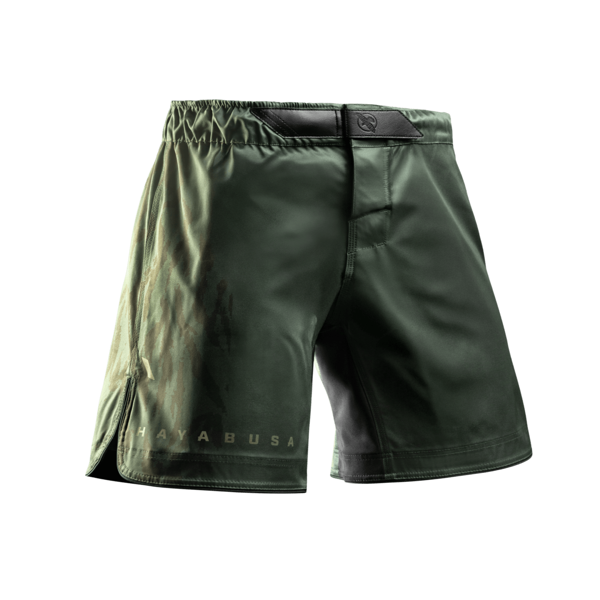mma-shorts-hayabusa-apex-mitt-lår-grön-front