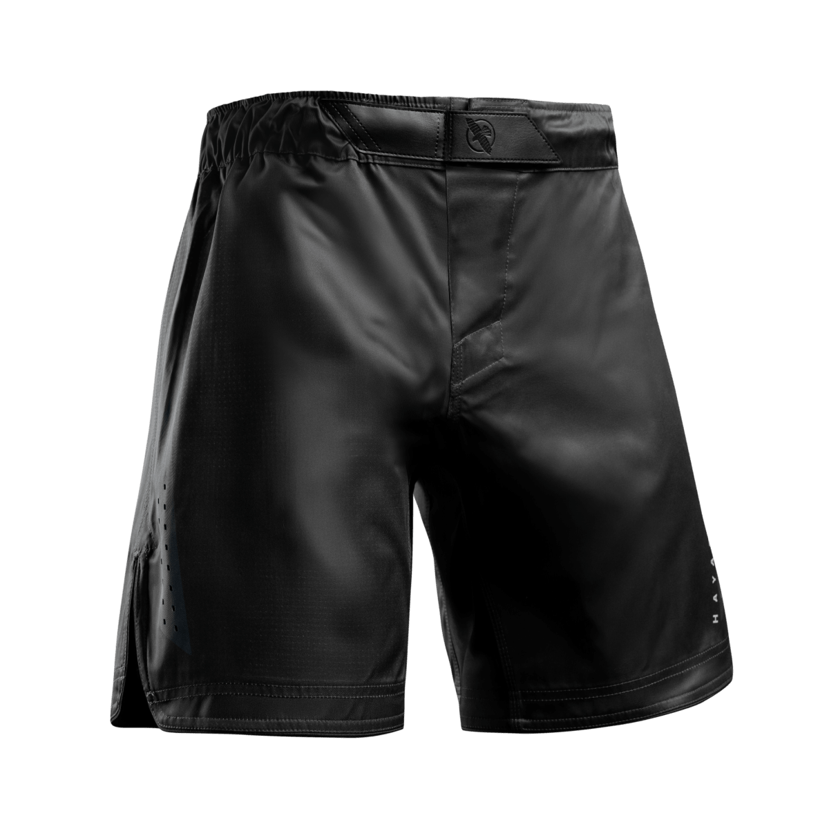 Front view of the black Hayabusa Core 3/4 Thigh MMA shorts, specific cut for BJJ No-Gi