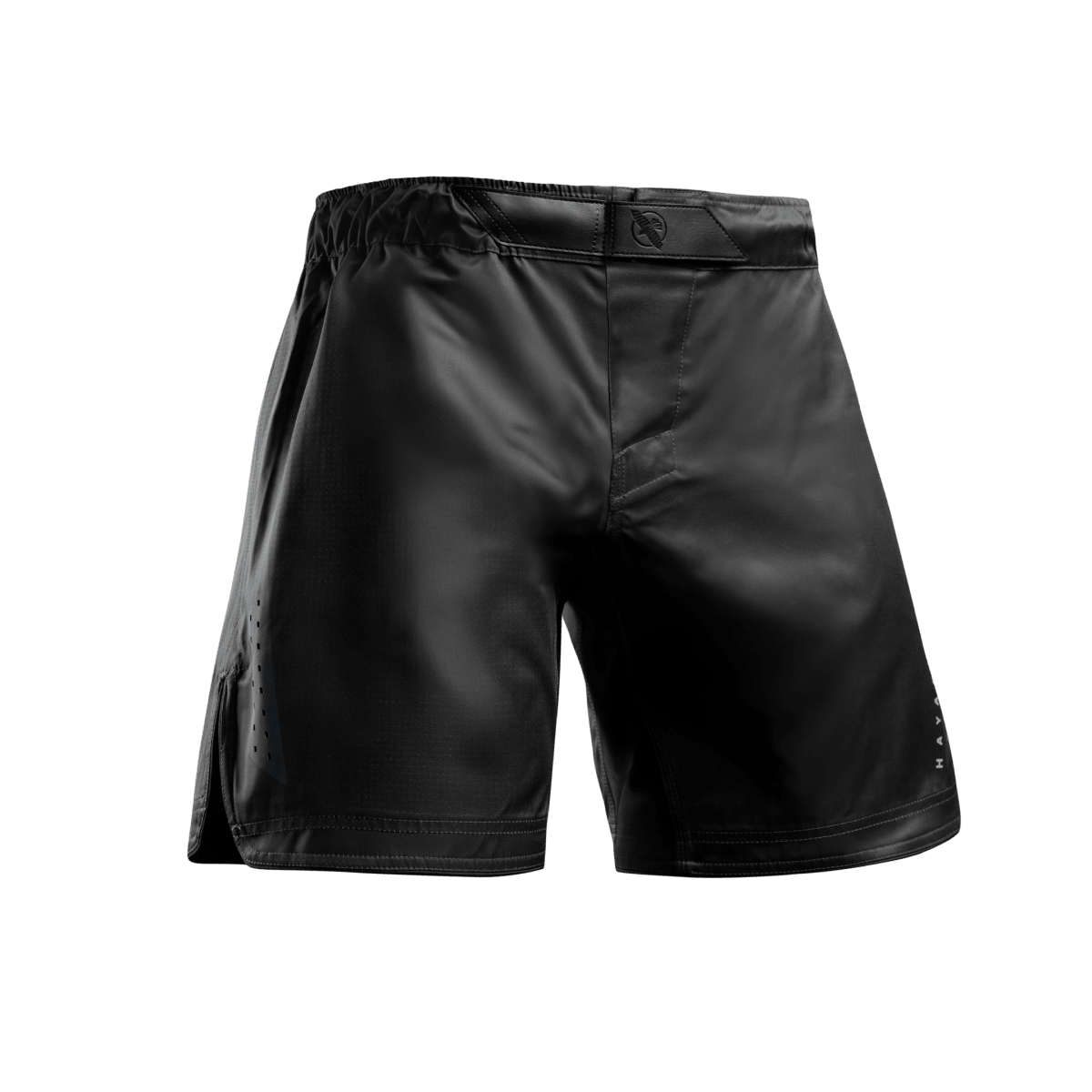Front view of the black Hayabusa Core Mid-Thigh MMA Shorts with interlock closure