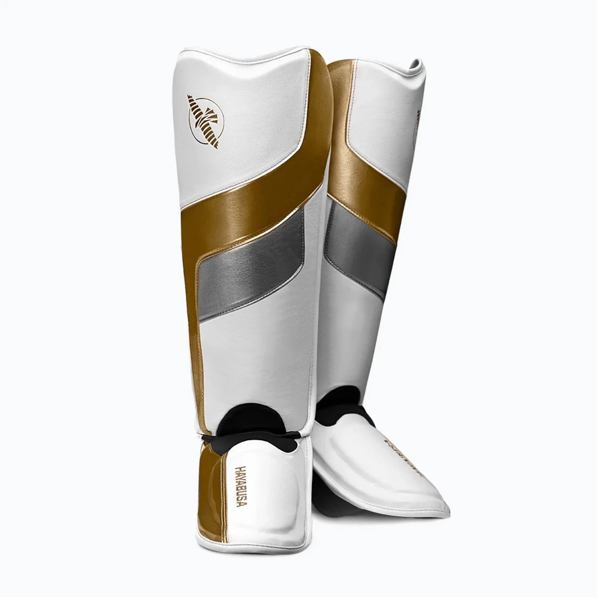 Protège-tibias chaussettes Hayabusa T3 Full Back blancs, conception technique pour le sparring et l'entraînement intensif