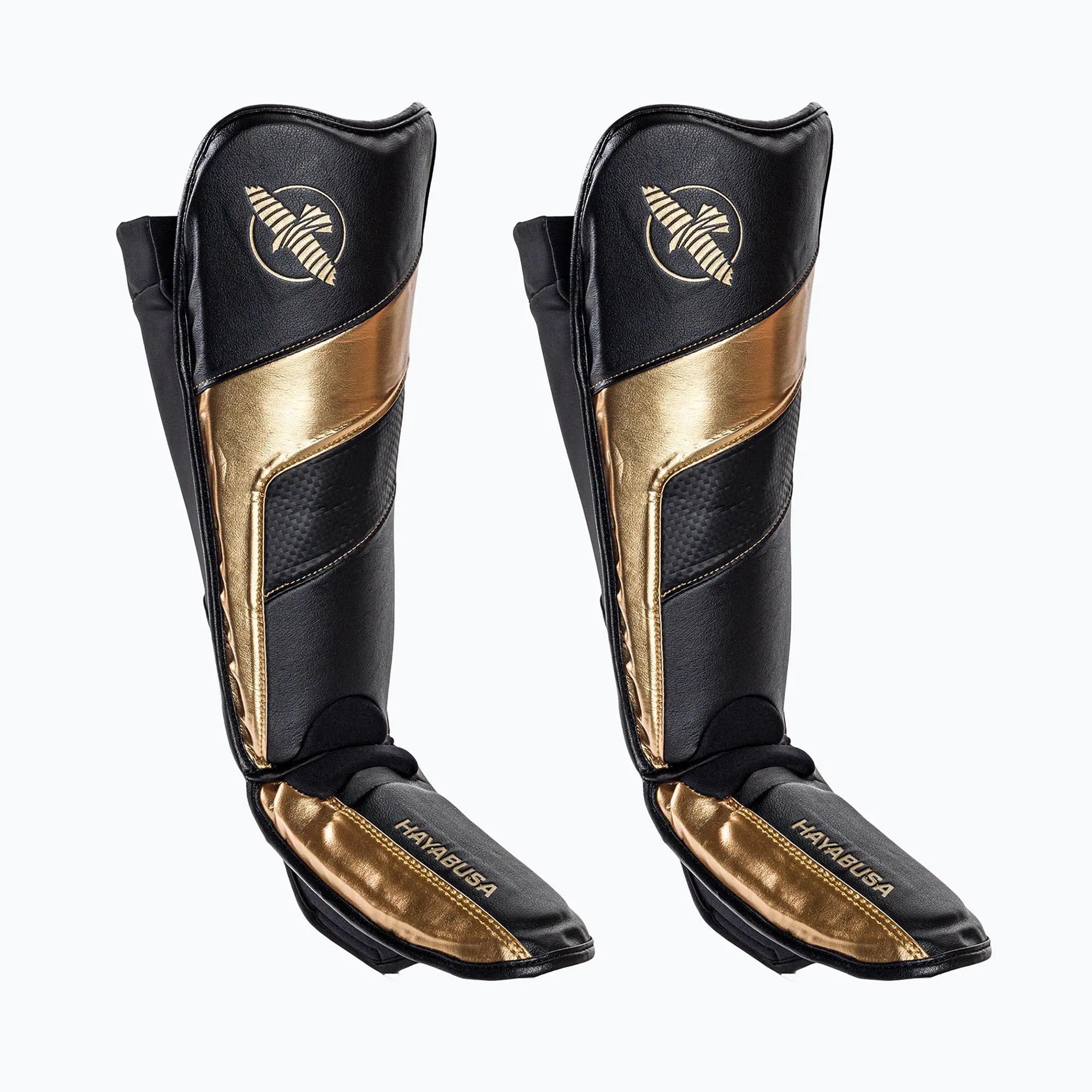 Paratibia Hayabusa T3 Full Back nero oro, edizione speciale per Muay Thai e Kickboxing.