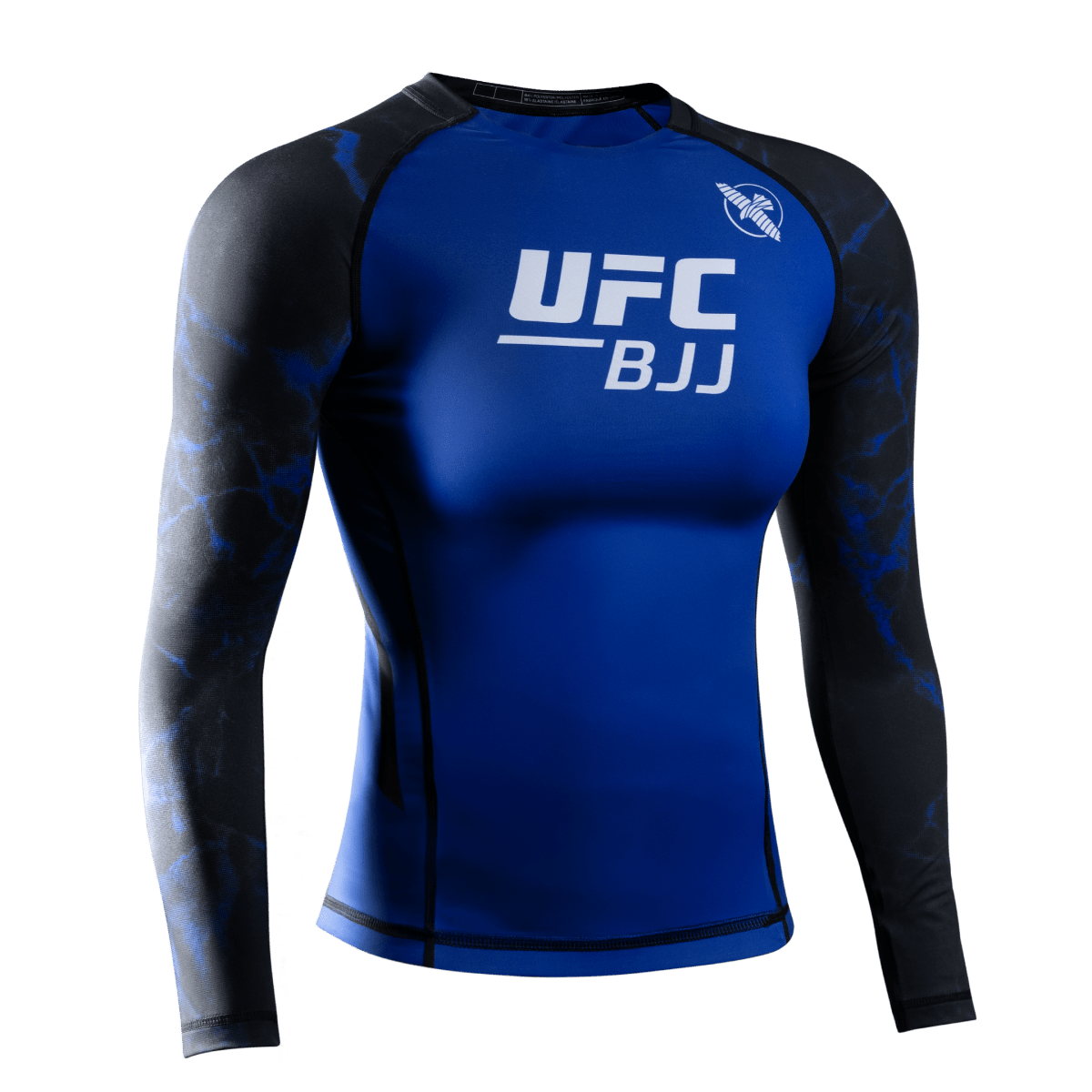Widok z przodu damskiej koszulki UFC BJJ z długimi rękawami, w kolorze czarnym z niebieskimi akcentami, idealnej do grapplingu na zawodach