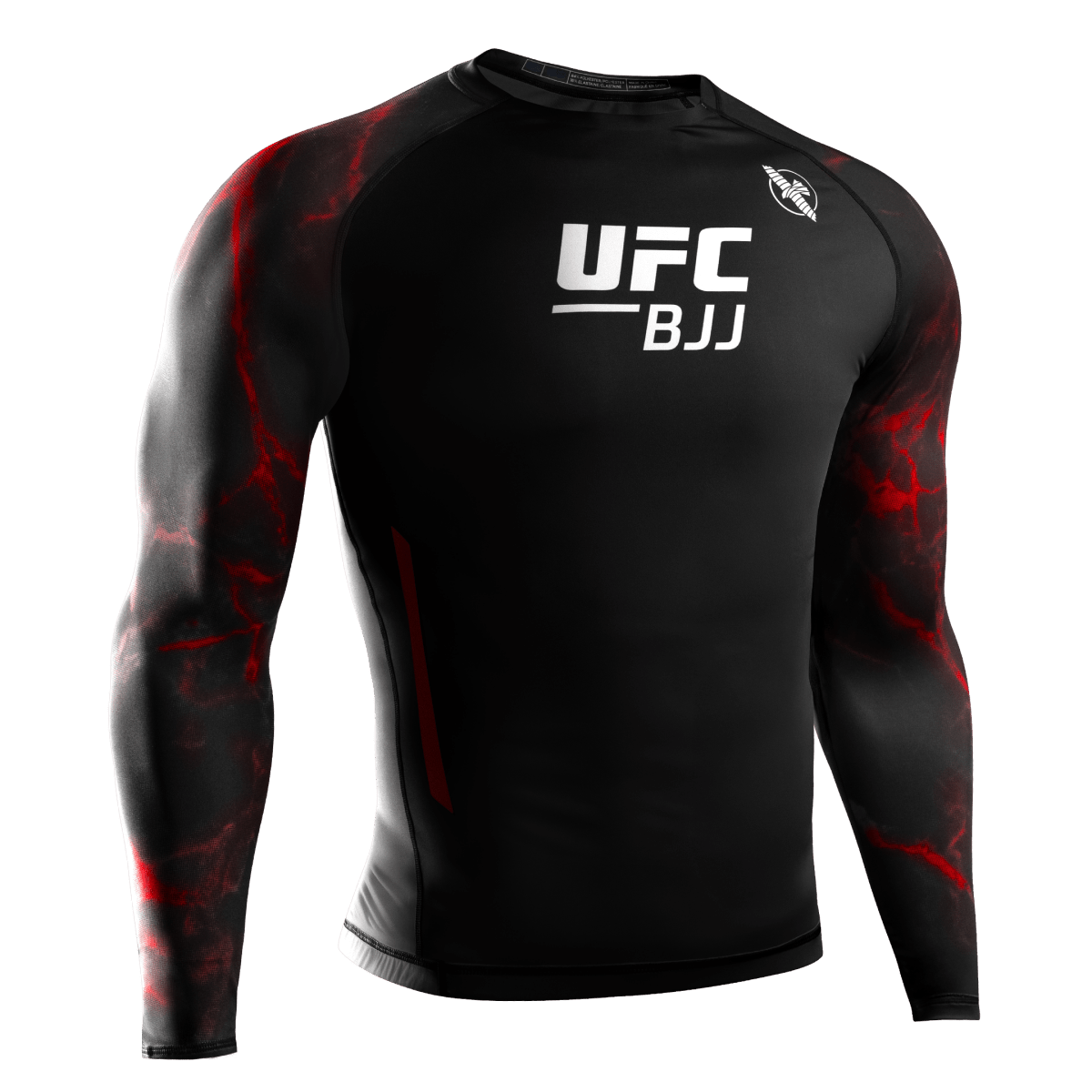 Front view of the official UFC BJJ long sleeve rash guard in black and red