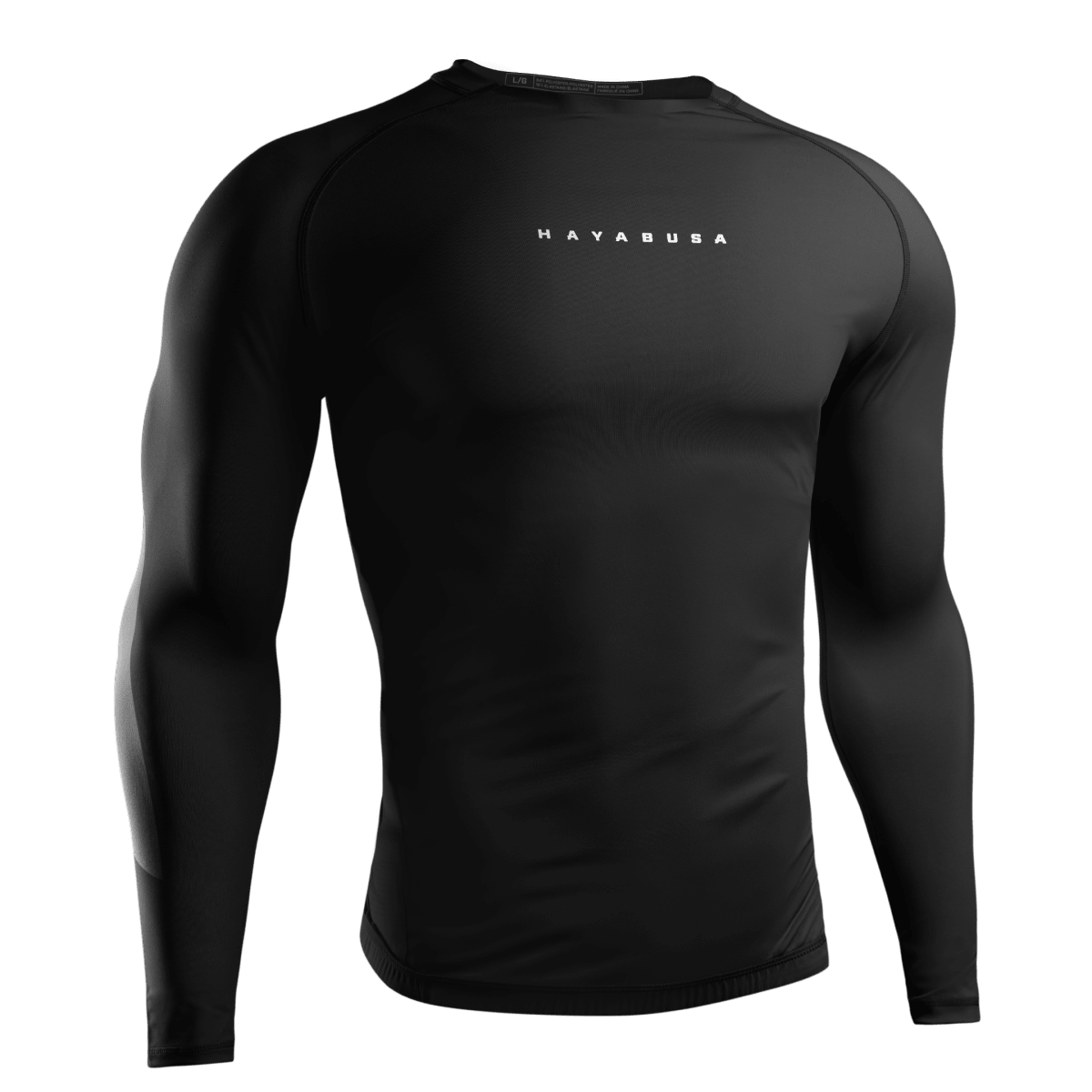 Front view of the black Hayabusa Core long-sleeved rashguard, compression fit for BJJ and MMA