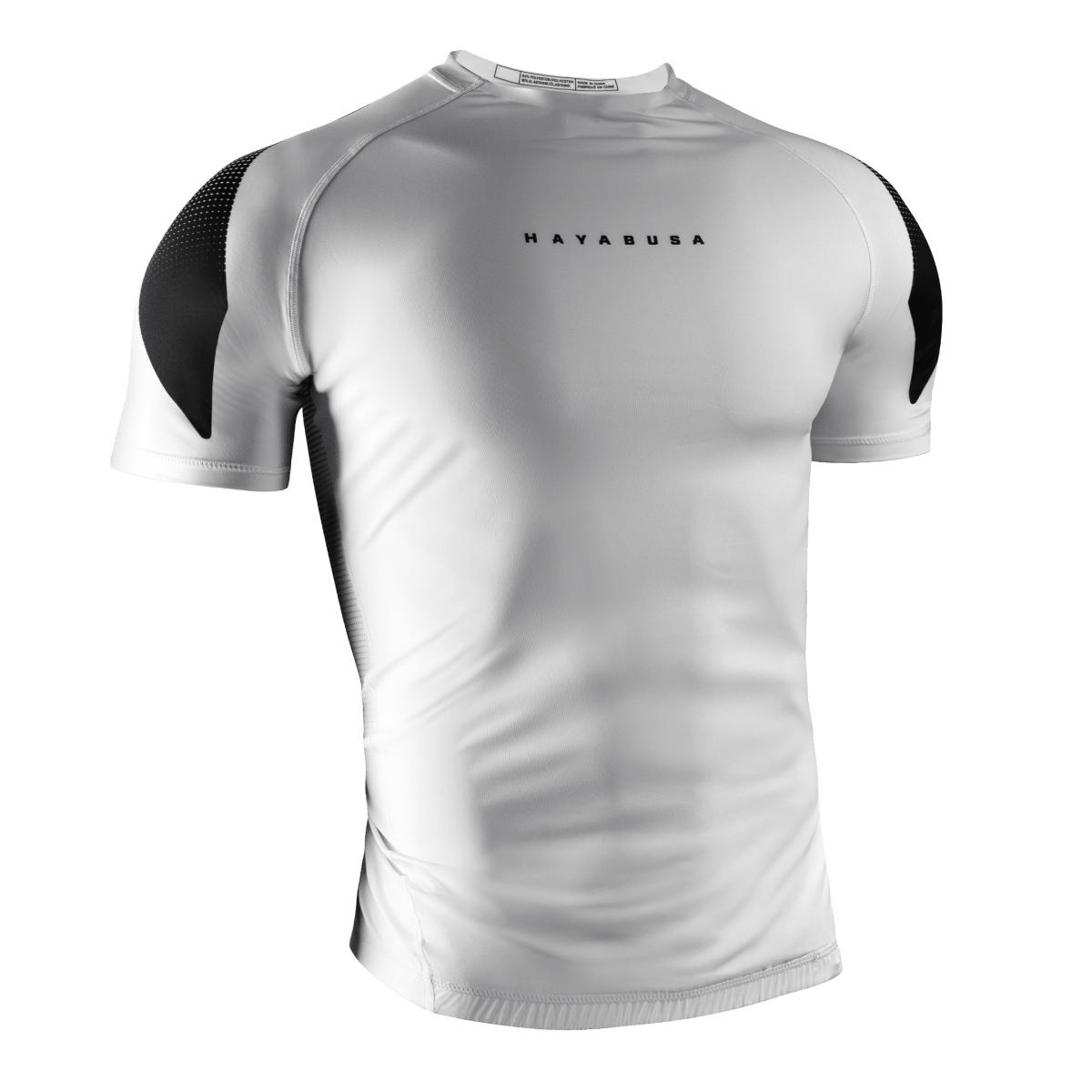 Front view of the white Hayabusa Pro Ranked short sleeve rashguard, IBJJF compliant design for white belts