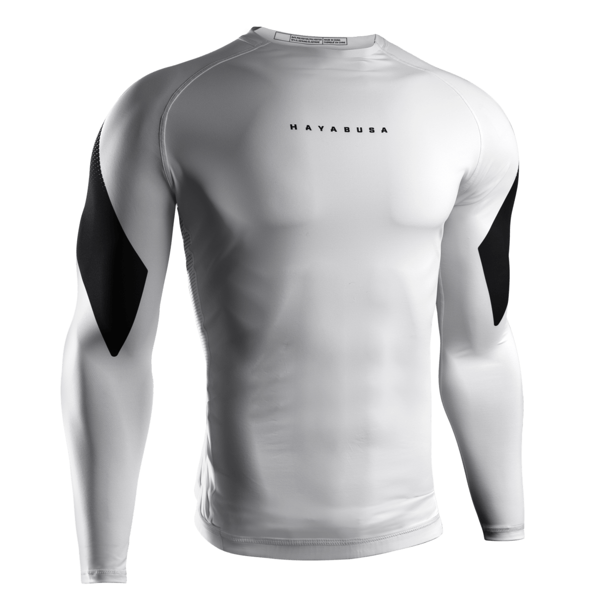 Front view of the white Hayabusa Pro Ranked rashguard, IBJJF compliant design for white belts