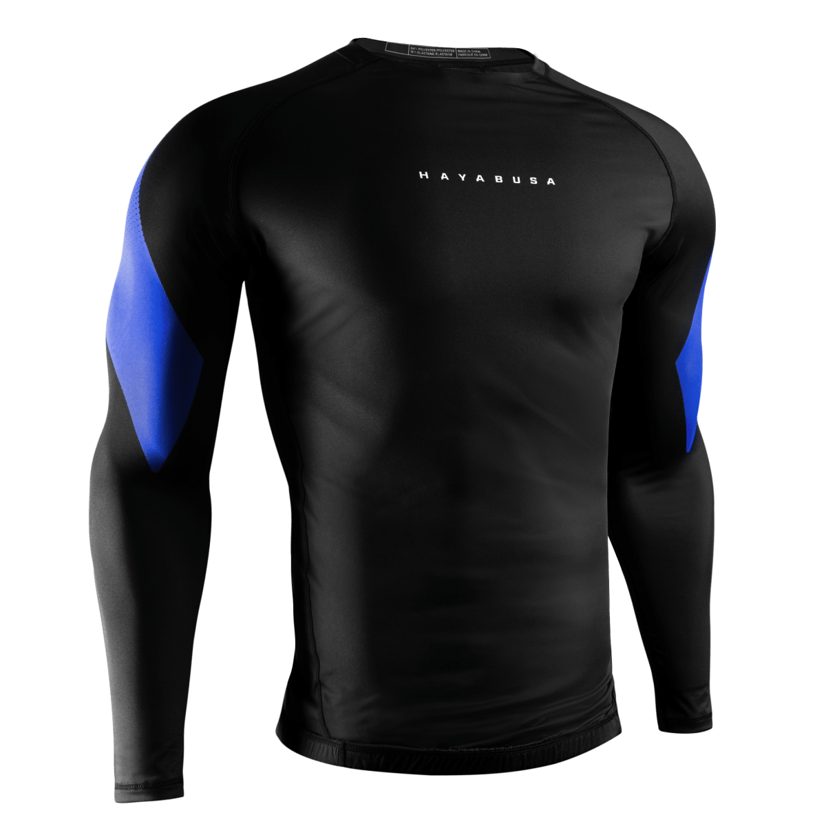 Vue de face du rashguard Hayabusa Pro Ranked bleu, ajustement par compression pour ceintures bleues