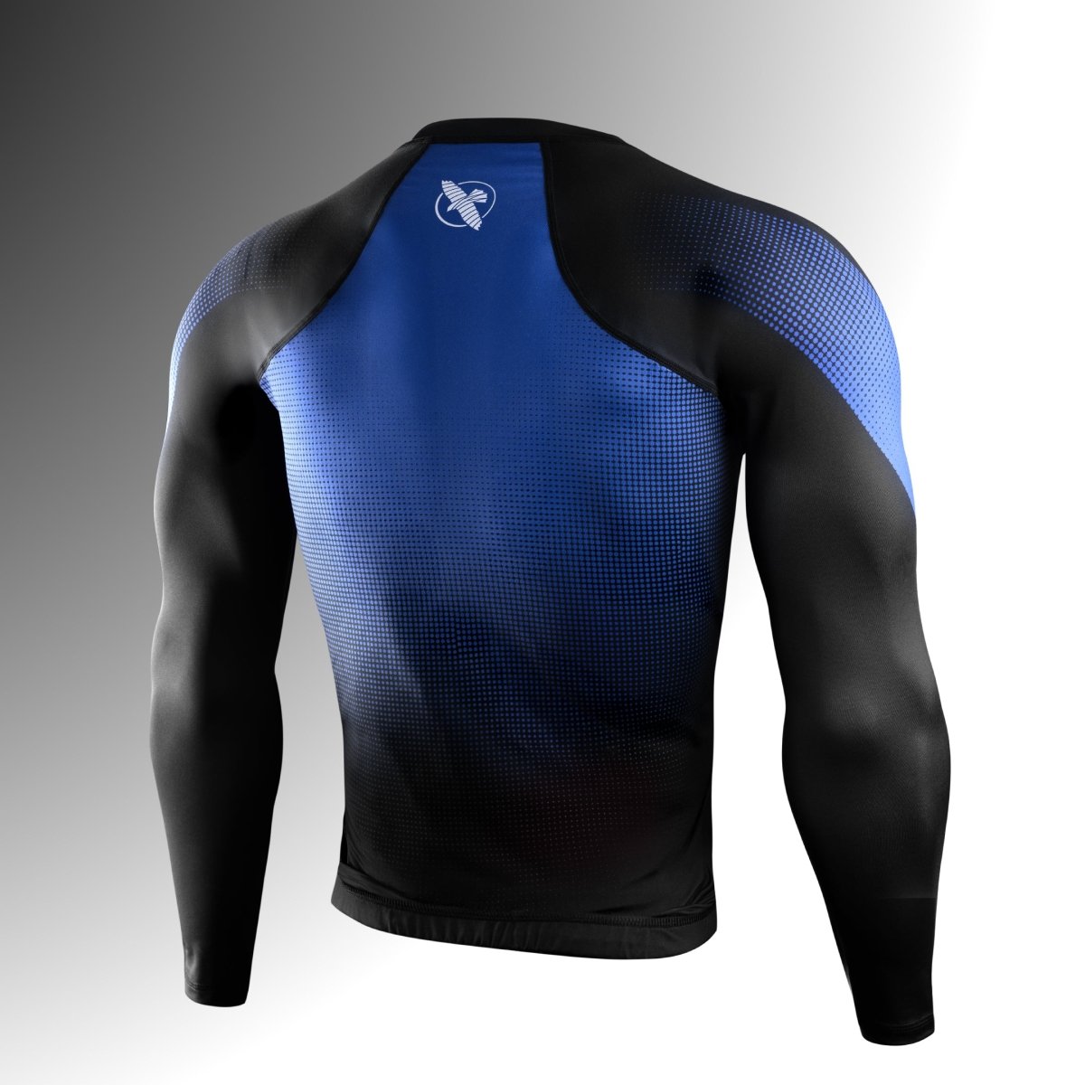 Vue arrière du rashguard Hayabusa Pro Ranked bleu, coutures flatlock renforcées