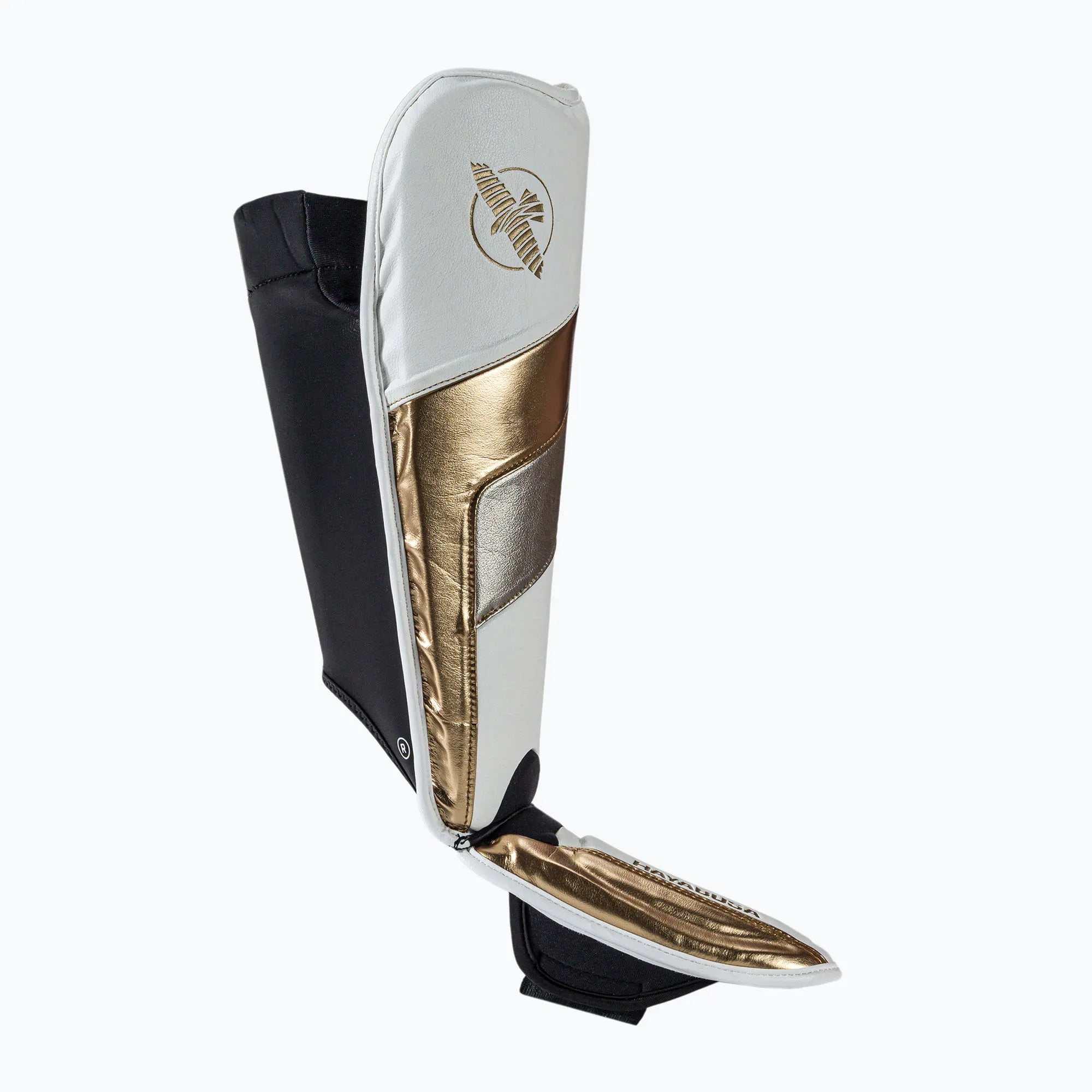 Vista posteriore del design Full Back dei paratibia bianchi Hayabusa T3 senza componenti rigide.