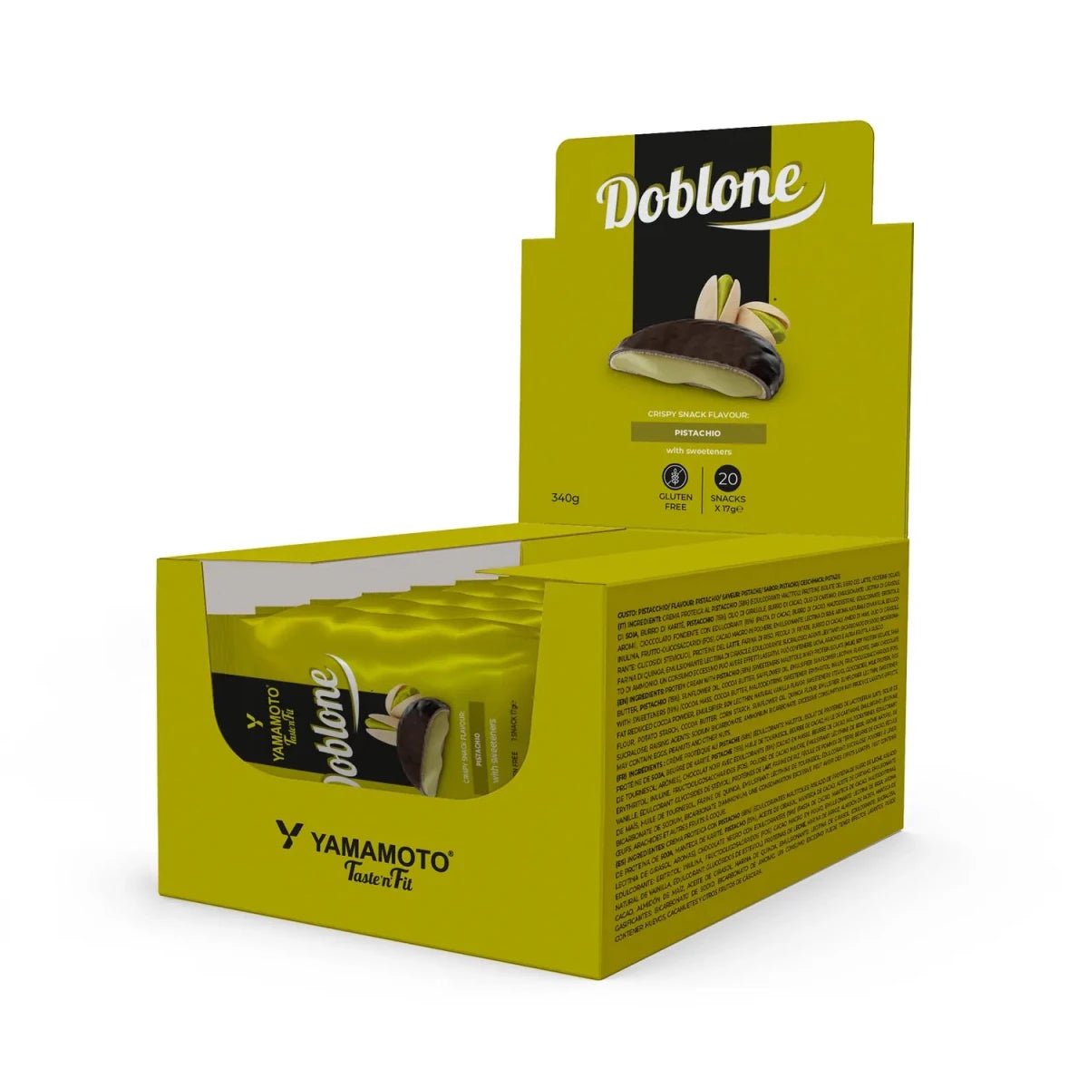 Pack de 20 biscuits protéinés Doblone au goût de pistache et enrobés de chocolat noir